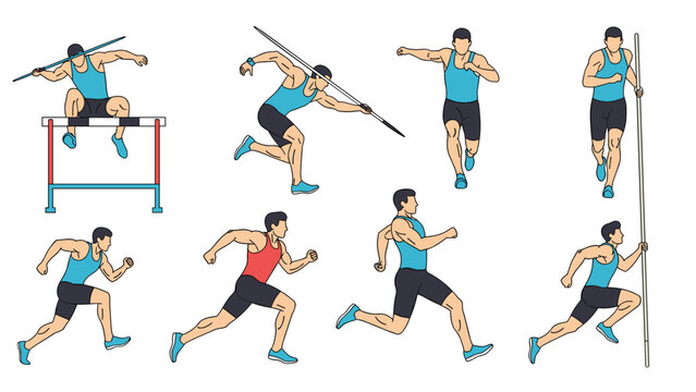 Male athletes competing in various track and field events like javelin throw hurdles pole vault and sprinting.