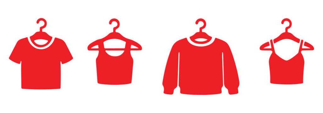 Clothes hanger icon set. Tee shirt with hanger sign. Fabric sport wear symbol. Laundry and Fashion .Tee shirt with hanger sign. Fabric sport wear symbol. Vector