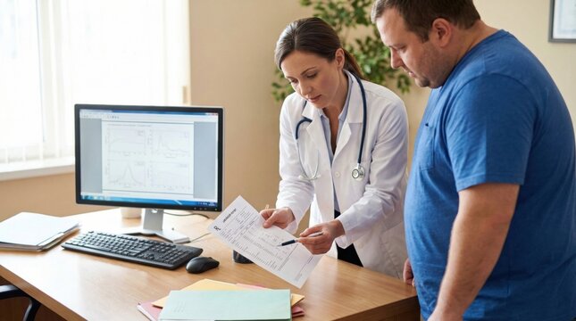 Woman doctor explaining laboratory report to man patient in clinic office. Professional medical consultation about health care and diagnostic test results. Clinical examination concept.
