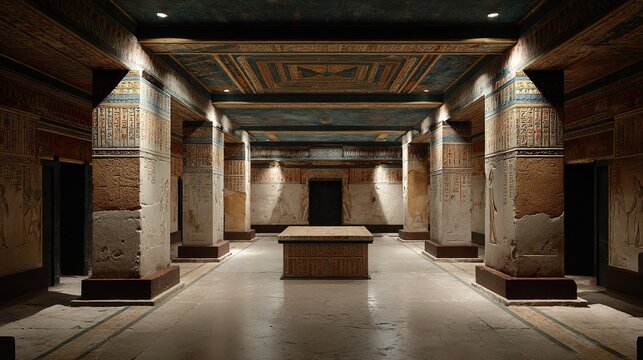 Ancient egyptian tomb interior with hieroglyphics on stone pillars and walls, featuring a central sarcophagus in a dimly lit, historic burial chamber