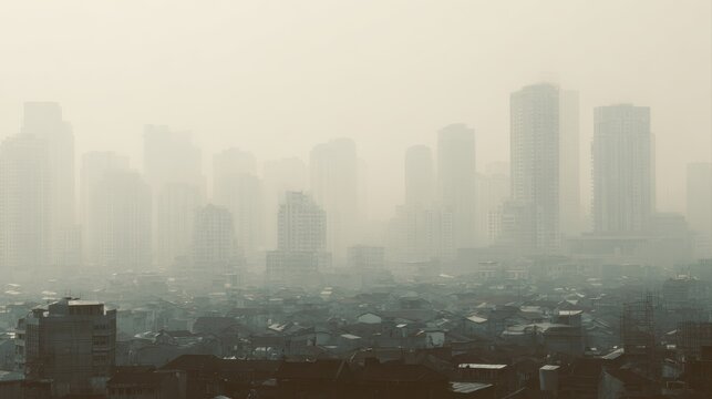 Smog city from PM 2.5 dust. Cityscape of buildings with bad weather and air pollution. PM 2.5 concept for background or copy space.