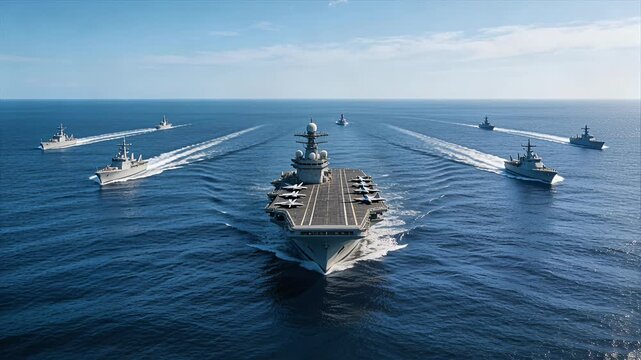 aircraft carrier leading naval fleet at sea with escort warships