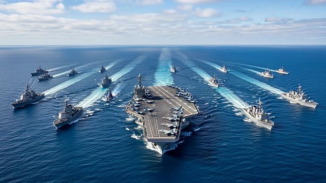 aircraft carrier and fleet at sea in formation