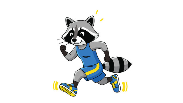 Athletic raccoon character wearing a blue sports uniform and running shoes sprints with determination in a dynamic vector illustration.