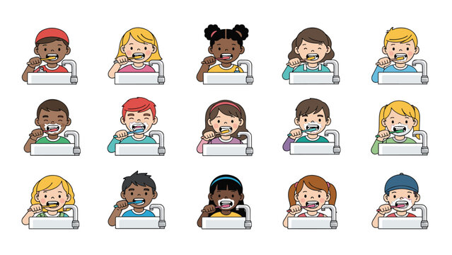 Large group of diverse children practicing good dental hygiene by brushing their teeth at bathroom sinks with soap and water.
