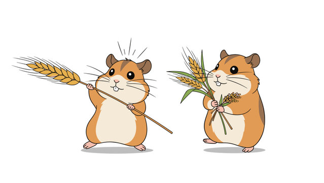 Two cute little hamsters are shown happily gathering and holding stalks of golden wheat in a charming vector illustration for children.