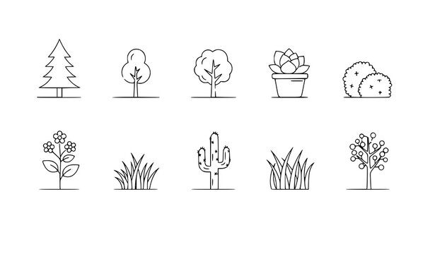 Trees and Plants Line Icons Set with Garden Elements Pixel Perfect 64x64 Editable Stroke Vector