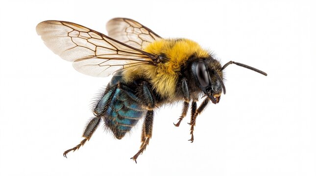 A close up view of a fuzzy bumblebee with black and yellow stripes flying through the clear air