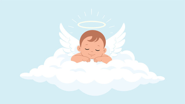 Adorable baby angel with white wings and a golden halo is sleeping peacefully on a soft white cloud in the sky.