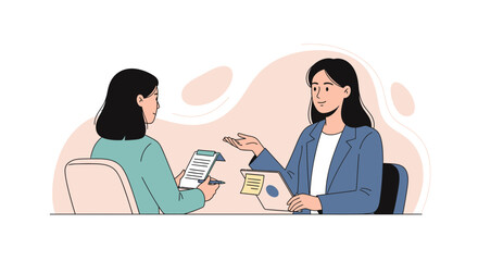Obraz premium Two women in a business meeting, one interviewing the other, discussing documents