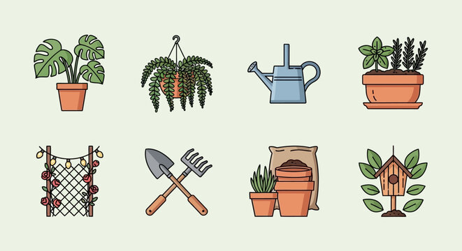 Gardening Icons Set: Potted Plants, Watering Can, Tools, Birdhouse, Lights