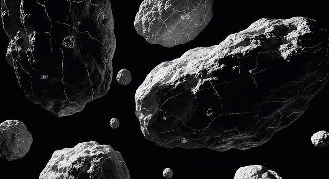 A detailed 3D rendering of an astroid belt in deep outer space with various large rocky debris floating across the dark cosmic void with high contrast