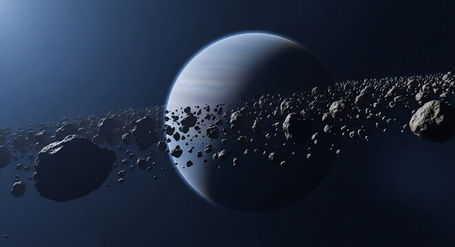 A massive astroid belt orbiting a distant gas giant planet in deep space with rocky debris and asteroids captured in a dramatic cinematic composition