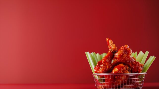 Spicy buffalo chicken wings served in a wire basket with fresh celery sticks against a vibrant red background for a bold culinary concept and food marketing