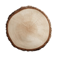 Fototapeta premium Close up of a light brown wood slice with rough bark and visible growth rings tree, Isolated, Png Transparent Background