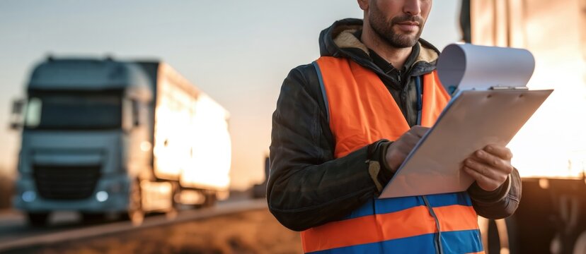A man in an orange safety vest checks a clipboard near a large truck during sunset, likely inspecting or managing logistics.