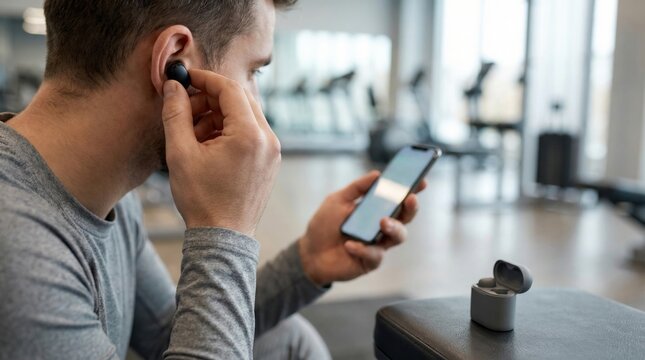 Man in gym wearing wireless earbud and holding smartphone to select music. Athlete getting ready for training session. Technology and fitness lifestyle in interior of sports center.