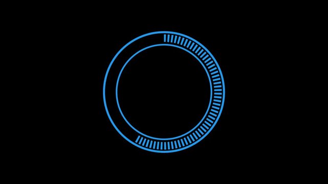 Blue circular loading progress bar animation with digital hud interface on black background, circle ring