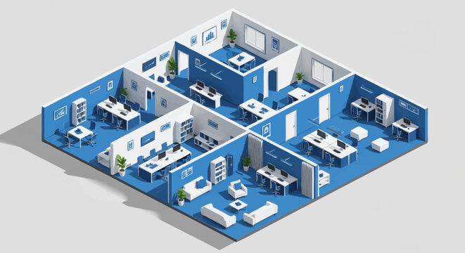 Isometric view of a modern office interior with cubicles, desks, and meeting areas in blue and white.