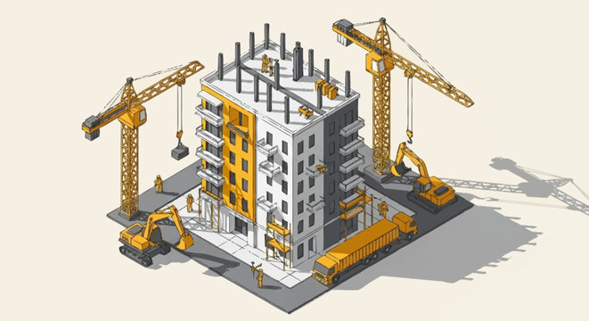 Modern building under construction with cranes and excavators on a construction site.