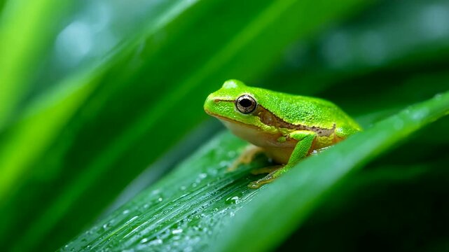 Vibrant green frog perched on lush leaf in nature
