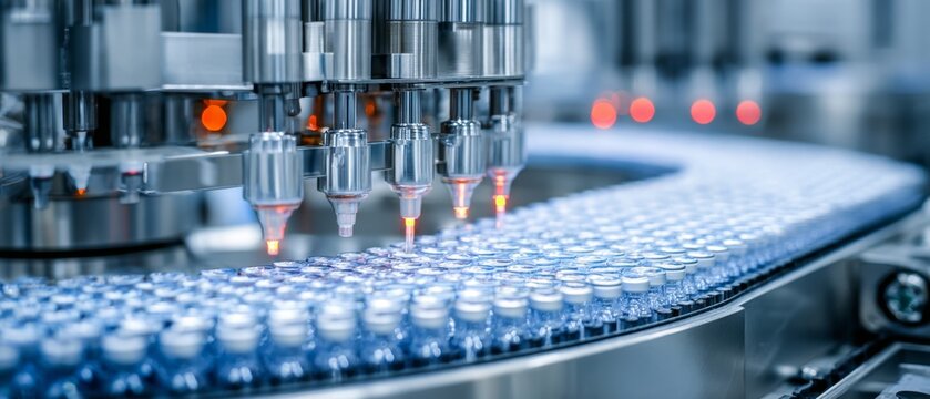 Automated pharmaceutical filling line vaccine production factory sterile glass vial technology manufacturing laboratory medicine healthcare industry conveyor precision equipment liquid process