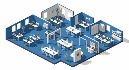 Fototapeta premium Isometric view of a modern office interior with cubicles, meeting rooms, and workstations.