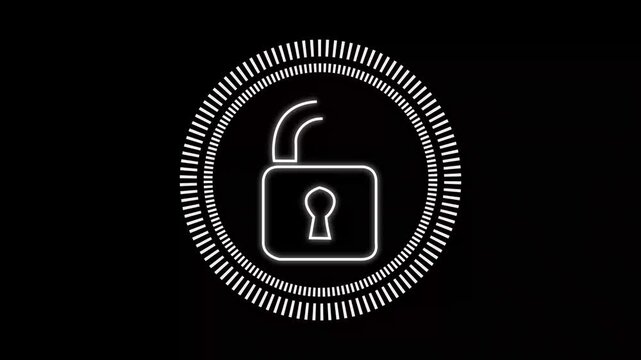 Neon glowing padlock animation with digital security loading circle for cyber security and data protection concepts