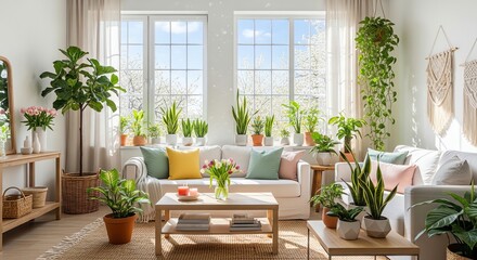 Fototapeta premium Serene Green Oasis A Bright and Airy Plant Filled Living Room