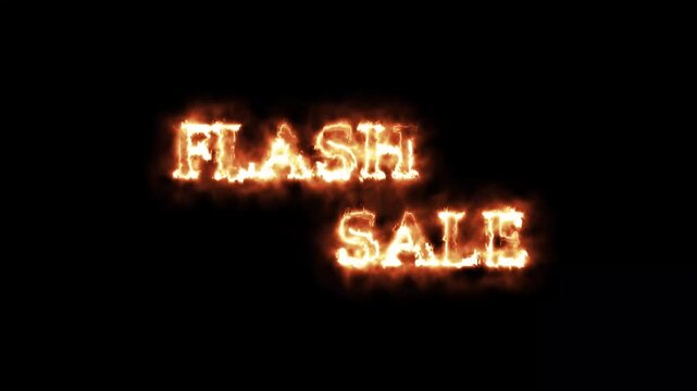 Flash sale text animation with burning fire effect on black background, for retail marketing, and e-commerce promotions