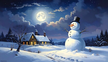 Obraz premium A snowman under a full moon near a house