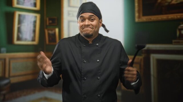 Hispanic man chef in black uniform holds spatula and shrugs shoulders inside an ornate dining room of building; playful uncertainty.