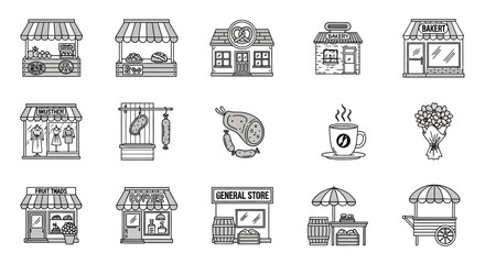 Fototapeta premium Vector Icons: Small Shops, Market Stalls, Bakery, Butcher, Coffee, Flowers