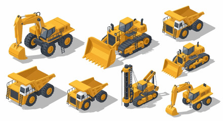 Collection of isometric construction vehicles including excavators, dump trucks, and bulldozers on a white background. © Bunga