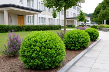 Fototapeta premium Modern landscaped garden connecting building and walkway