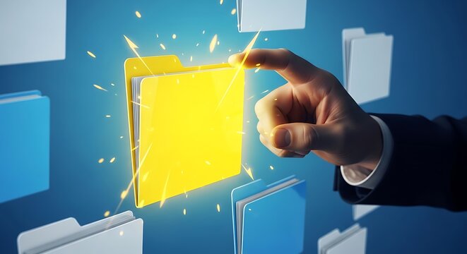 Hand touching glowing yellow folder on digital interface, data management concept.