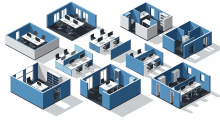 Fototapeta premium Isometric view of modern office spaces, including meeting rooms, cubicles, and private offices, showcasing different workspace layouts.