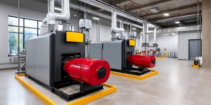Industrial gas heating system boilers in modern boiler room