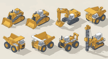 Collection of isometric construction vehicles including excavators, dump trucks, bulldozers, and drilling rigs. © Bunga
