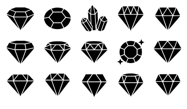 Solid diamond icon gemstone symbol black vector set