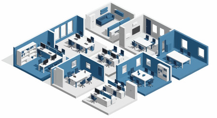 Isometric view of a modern office space with multiple workstations, meeting rooms, and a lounge area. © Bunga