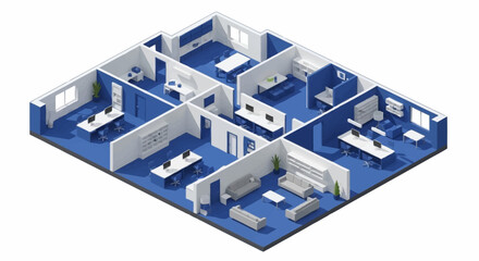 Fototapeta premium Isometric view of a modern office layout with cubicles, meeting rooms, and reception area.
