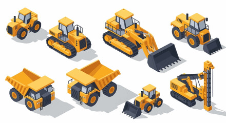Collection of isometric construction vehicles including excavators, dump trucks, and bulldozers, isolated on a white background. © Buka