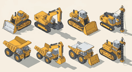 Collection of isometric construction vehicles and heavy machinery, including excavators, dump trucks, bulldozers, and drilling rigs, set against a neutral background. © Bunga