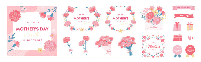 Plakat 母の日のカーネーション装飾セット フレームとラベルのベクターイラスト