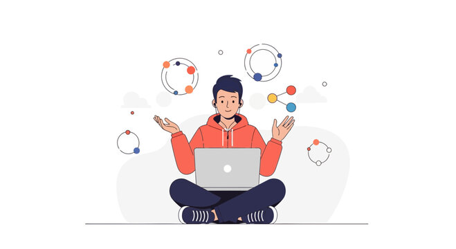 Young man juggling abstract concepts with laptop, symbolizing multitasking and digital ideas