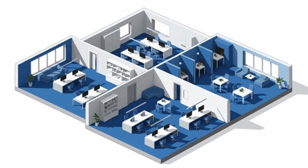Fototapeta premium Modern office interior design with cubicles, meeting rooms, and lounge areas, isometric view.