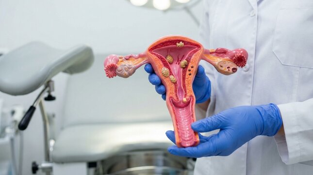 Gynecologist holds anatomical model of female uterus with fibroids in office.