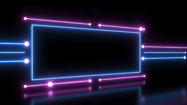 Blue neon rectangle frame with pink lines on dark background