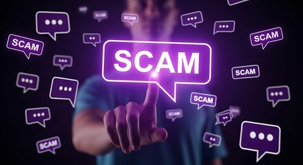 Obraz premium Person points to glowing SCAM message surrounded by notification bubbles, vector illustration